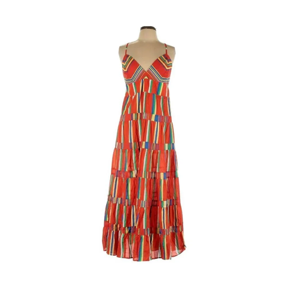 NWT J.Crew Tiered Cotton Voile Maxi in Red Multi Stripe Cross Strap Dress L